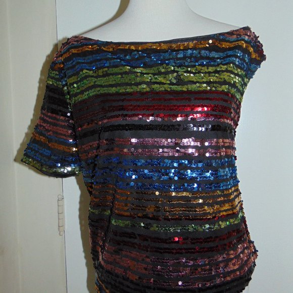 Rainbow Sequined Top Asymmetrical Neckline Off Shoulder Retro Hippy Women's Top - Picture 2 of 7